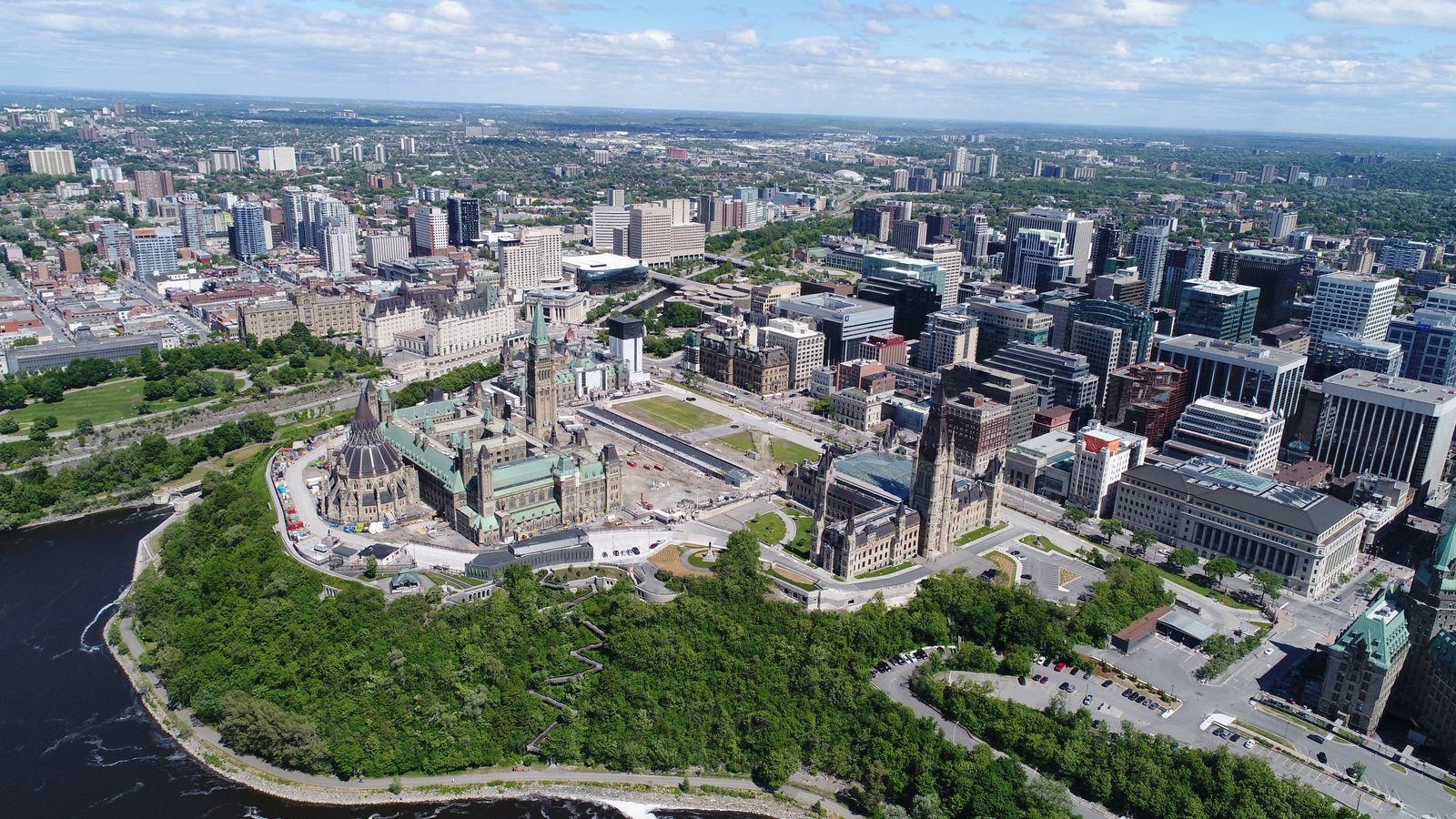 Aerial view of downtown Ottawa and Parliament Hill — about 30 minutes from Kemptville via Highway 416