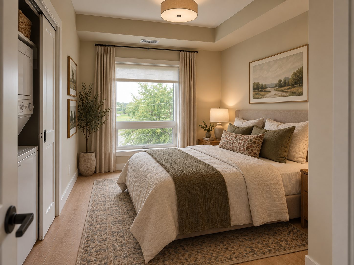 1 bedroom suite at Parkside Living — bedroom with park view (virtually staged)