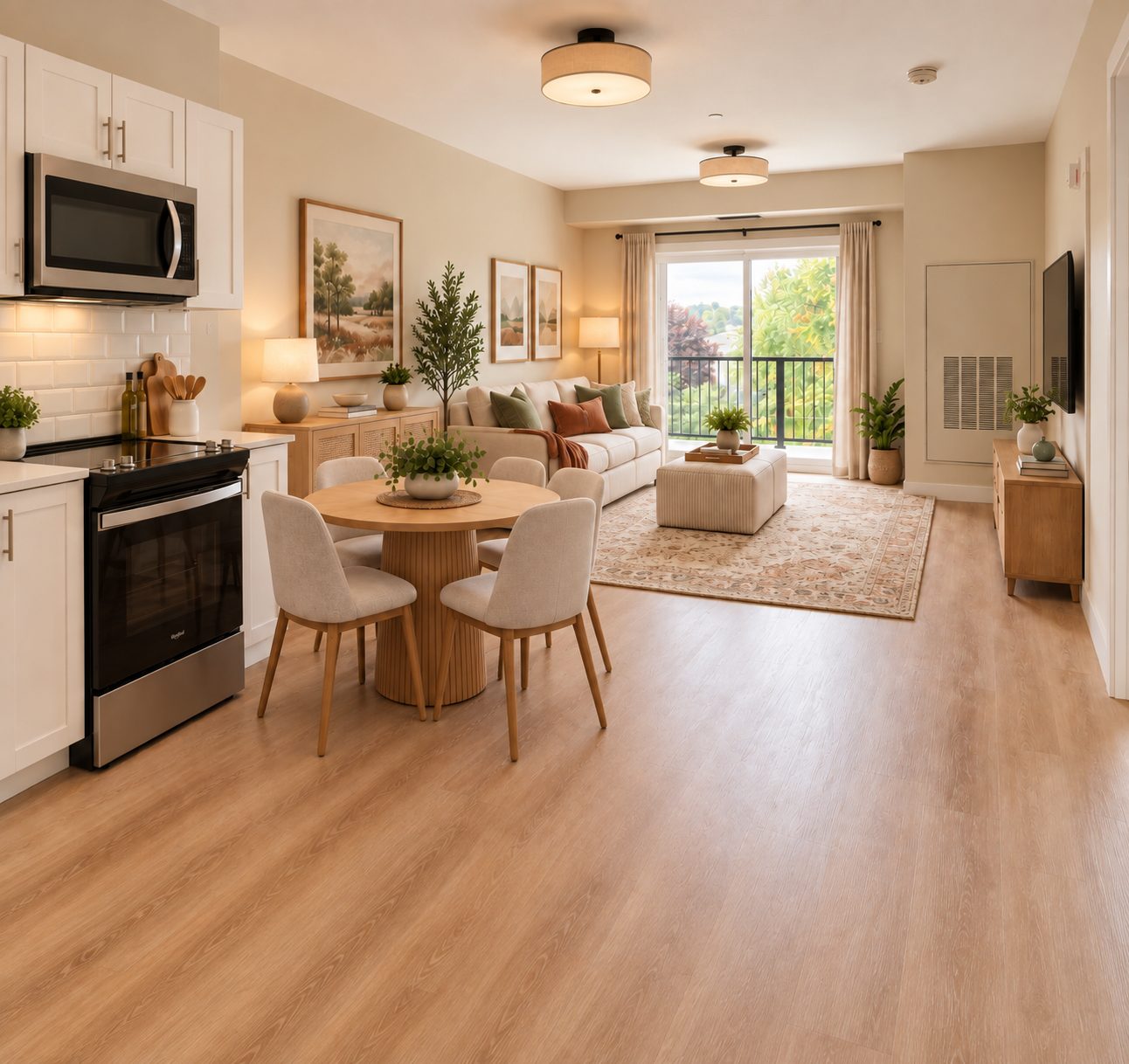 Open-concept living and kitchen in a Parkside Living suite near Ottawa (virtually staged)