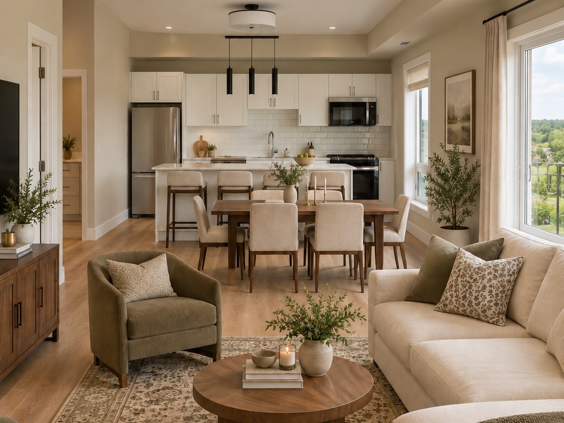 2 bedroom suite at Parkside Living — open kitchen, dining and living (virtually staged)